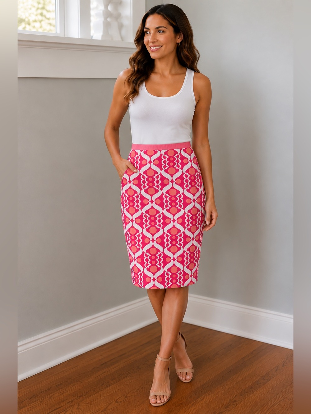 Boden Coral Pink Retro Geometric Print Cotton Pencil Skirt Size US 6